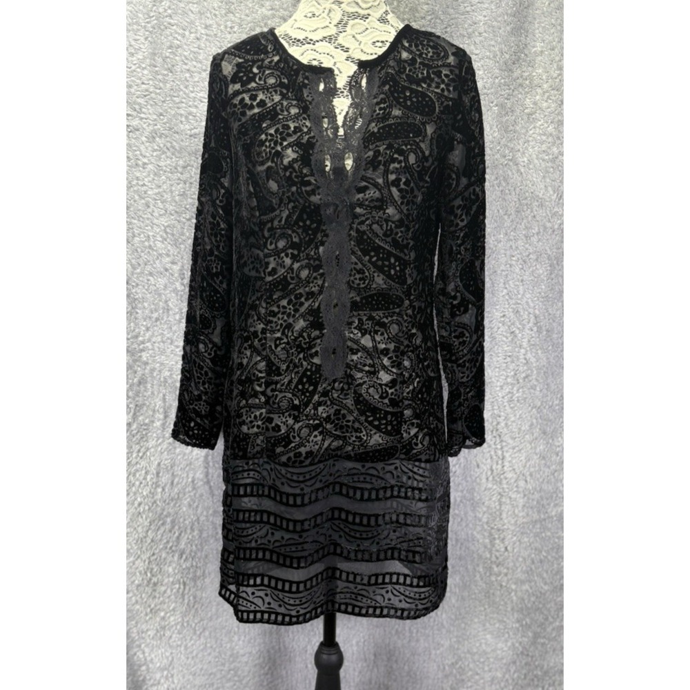 Zara Women XS Black Burnout Velvet Dress Sheer Shift Whimsigoth Witchy Gothic